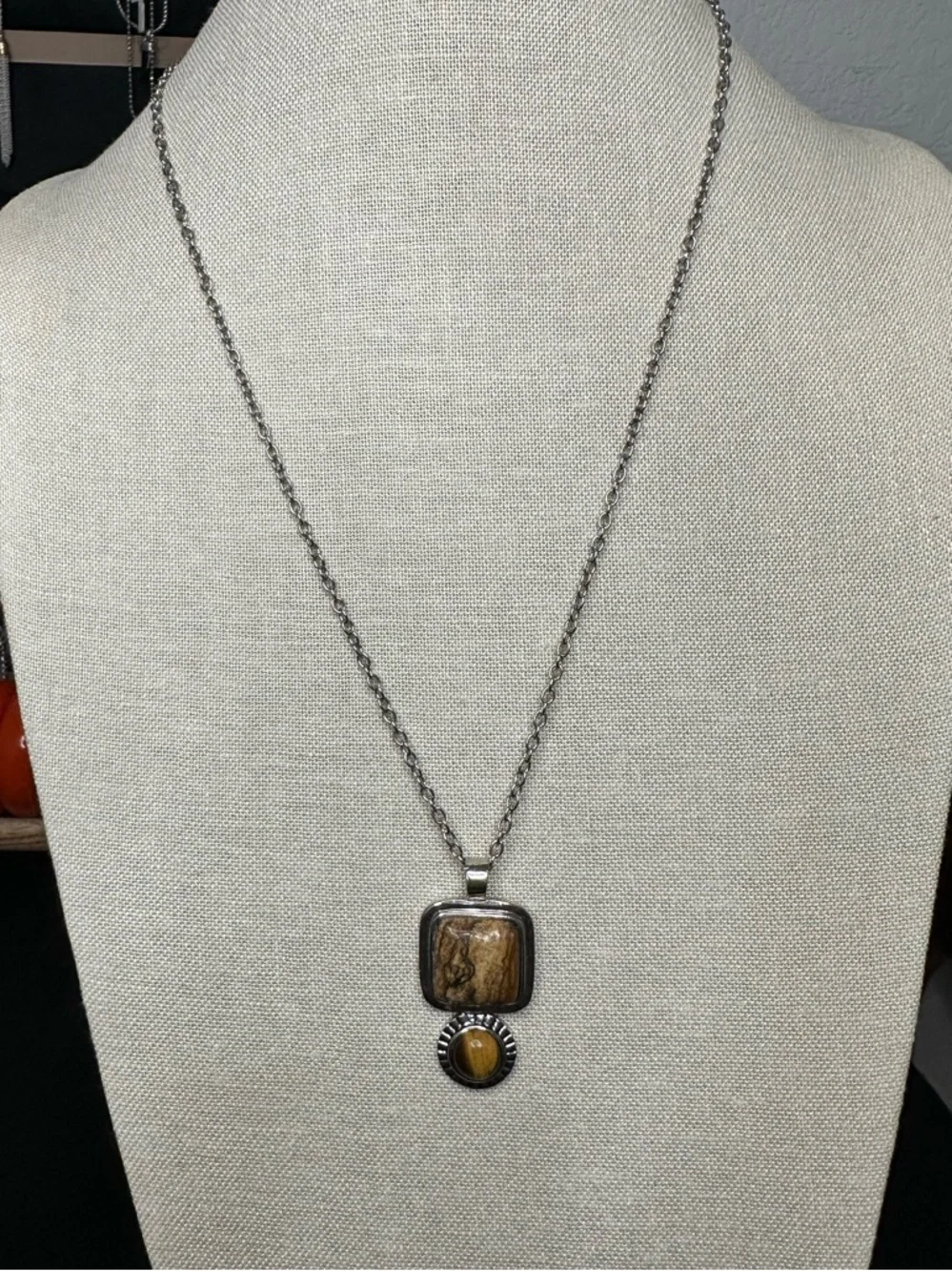 Roman Boho Jasper & Tiger’s Eye Pendant Necklace Silver Tone